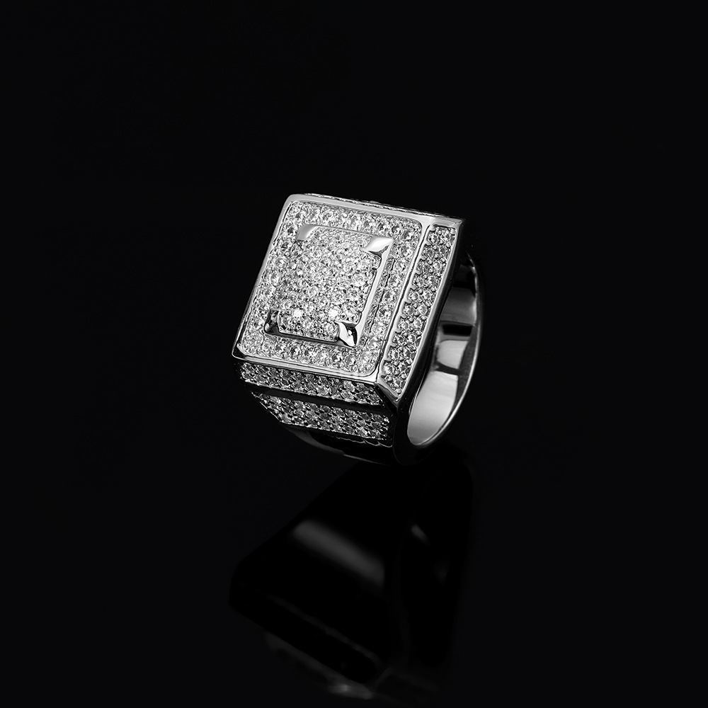 Hip Hop Retro Square Ring 5A Cubic Zircon 18K Real Gold Plated Finger Ring Mens Rap Jewelry