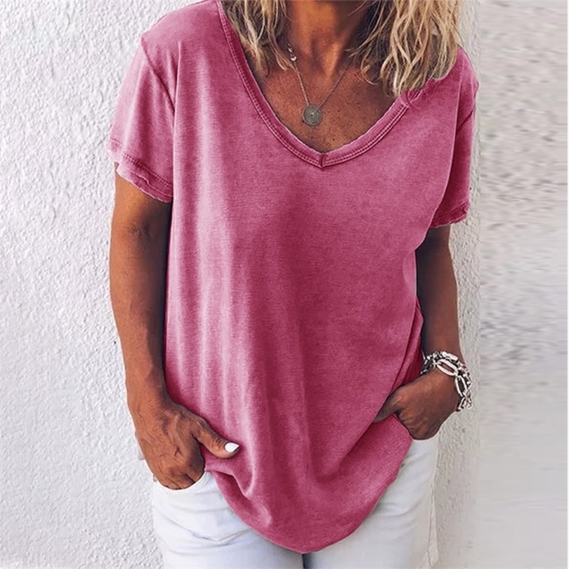 Summer Vneck Short Sleeve Women T shirt Plus Size 5XL Solid Female Tshirts New Fashion Oversize Loose Ladies Tee Tops T200614