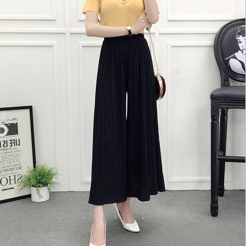 Summer Wide Leg Pants For Women Casual Elastic High Waist Fashion Loose Long Pleated Pant Trousers Femme