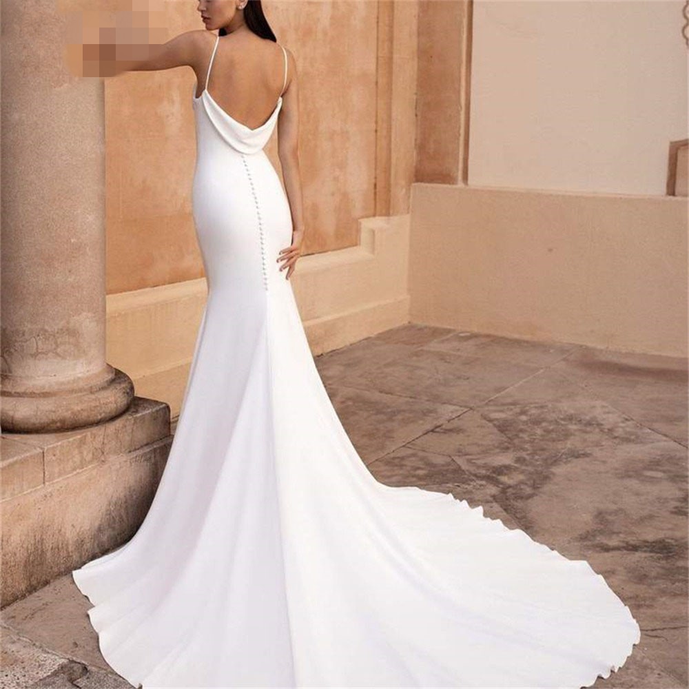 Cowl Neck Soft Satin Mermaid Wedding Dress 2022 Sexy Spaghetti Strap Backless Chic Bridal Gown with Button Robe De Mariee Vestidos Noiva