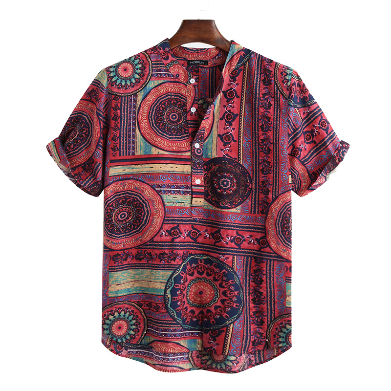 Cotton Men's Shirt Ethnic Print Vintage Short Sleeve Streetwear Tops Tess Loose Male Beachwear Holiday Hawaiian Shirts 220322
