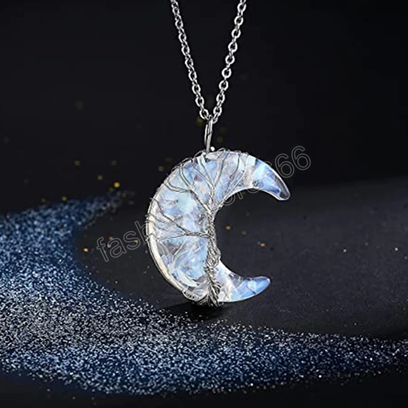 Chakra Tree of Life Wire Wrapped Necklace Pendant Crescent Moon Pendants Crystal Chip Beads Natural Stone Quartz Resin