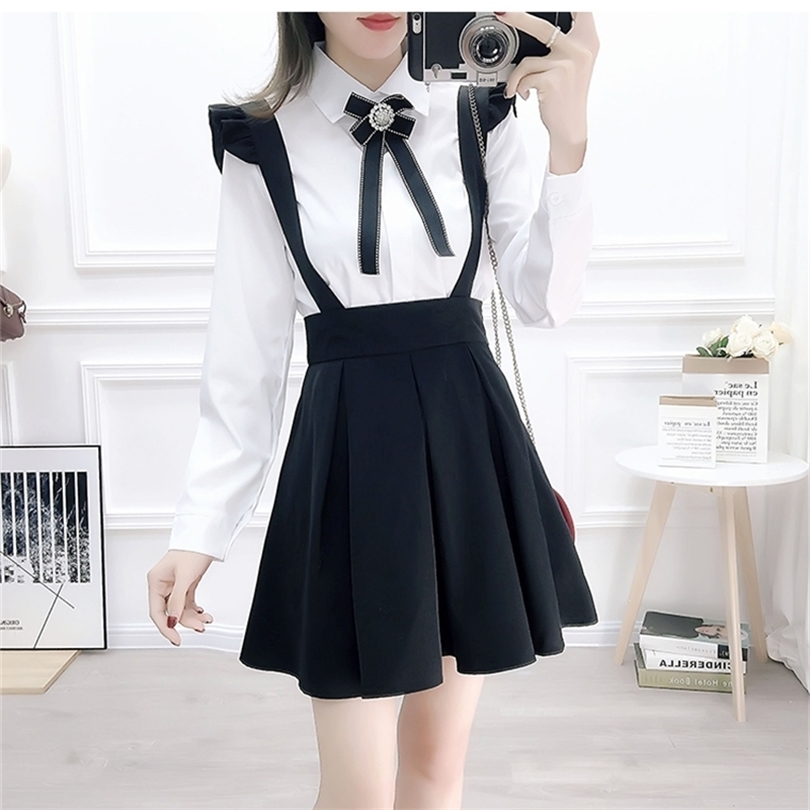 Preppy Style Suspender Skirt Two piece set Women Autumn New White Shirt and Strap Skirt Student Outfits Free Diamond Bow T200325