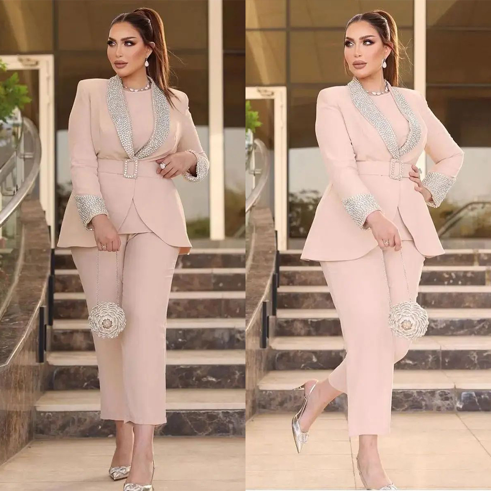 Plus Size Crystal Women Blazer Pant Suits Set Beads Office Ladies Leisure Business Custom Made Formal Outfit 2 Pieces