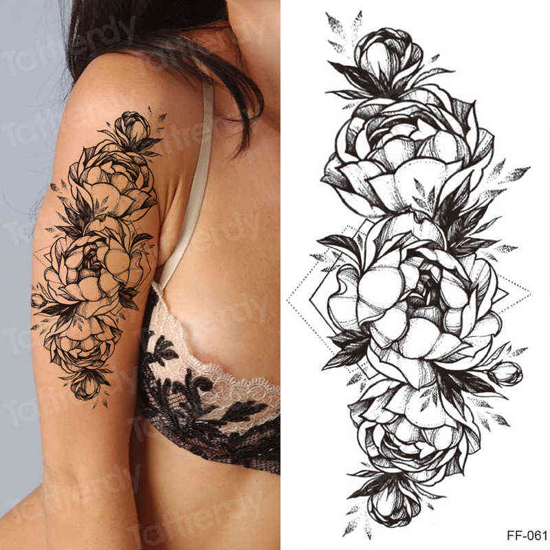 NXY Temporary Tattoo Sticker Women Flower Rose Peony Black Tatouage Temporaire Femme Sleeve Waterproof Sexy Body Art Fashion 0330