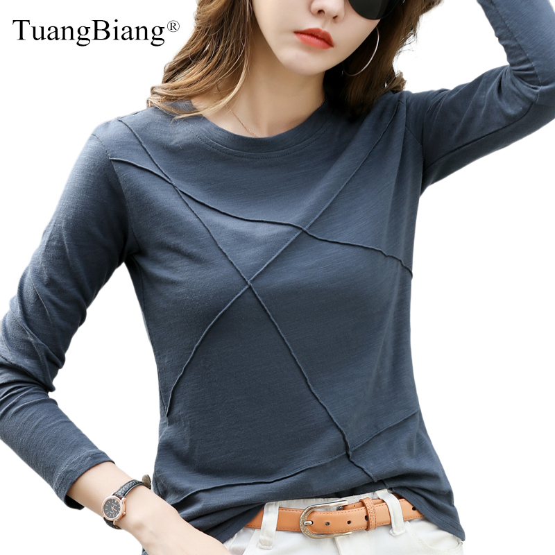 Ribbed Sping Fashion Bamboo Cotton T-Shirt Autumn Women O-Neck Loose Simple Purple Tshirt Long Sleeve Ladies Green Cozy Top 220328