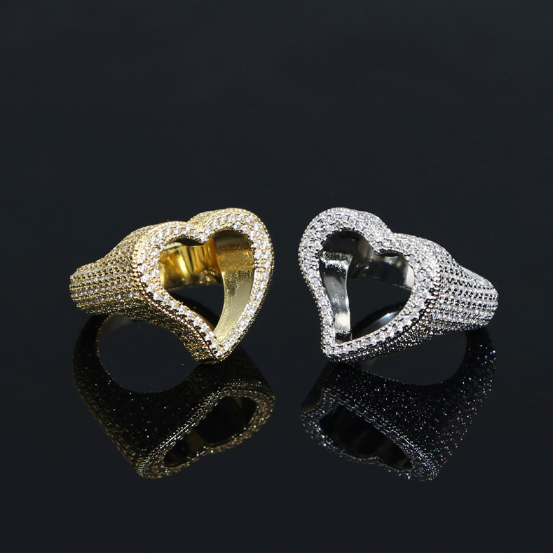 Full Micro Paved Iced Out Bg Cubic Zirconia Heart Ring Hip Hop Lover Rings Punk Jewelry for Men and Women Gold Plated Brass 2024