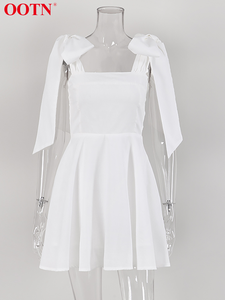 White Cotton En Square Neck Mini For Women - Casual Sleeveless Summer Holiday Dress