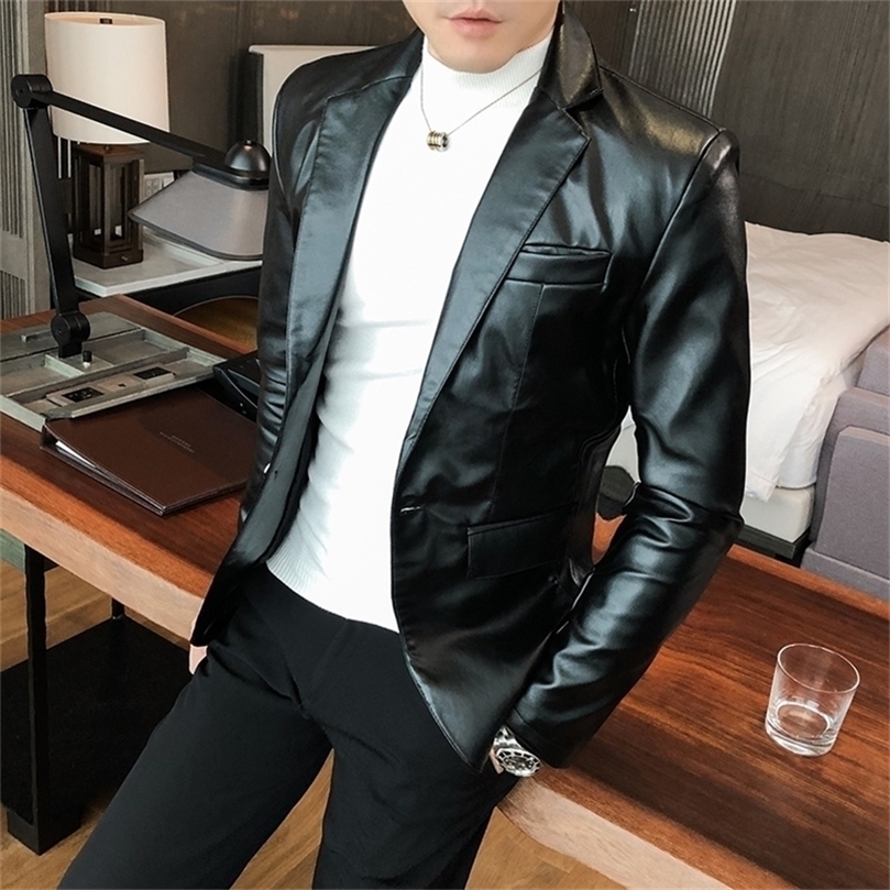 Faux Leather Suit Jacket Men Korean Style Casual Slim Fit Blazer Male Fashion Autumn Suit Coat Chic Singer Stage Blezer Male 201128