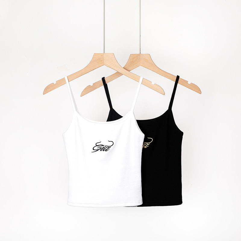 Women Summer Vintage Retro Cotton Gia Letters Embroidery Crop Top Cami White Black 90s Casual Solid Female 220325