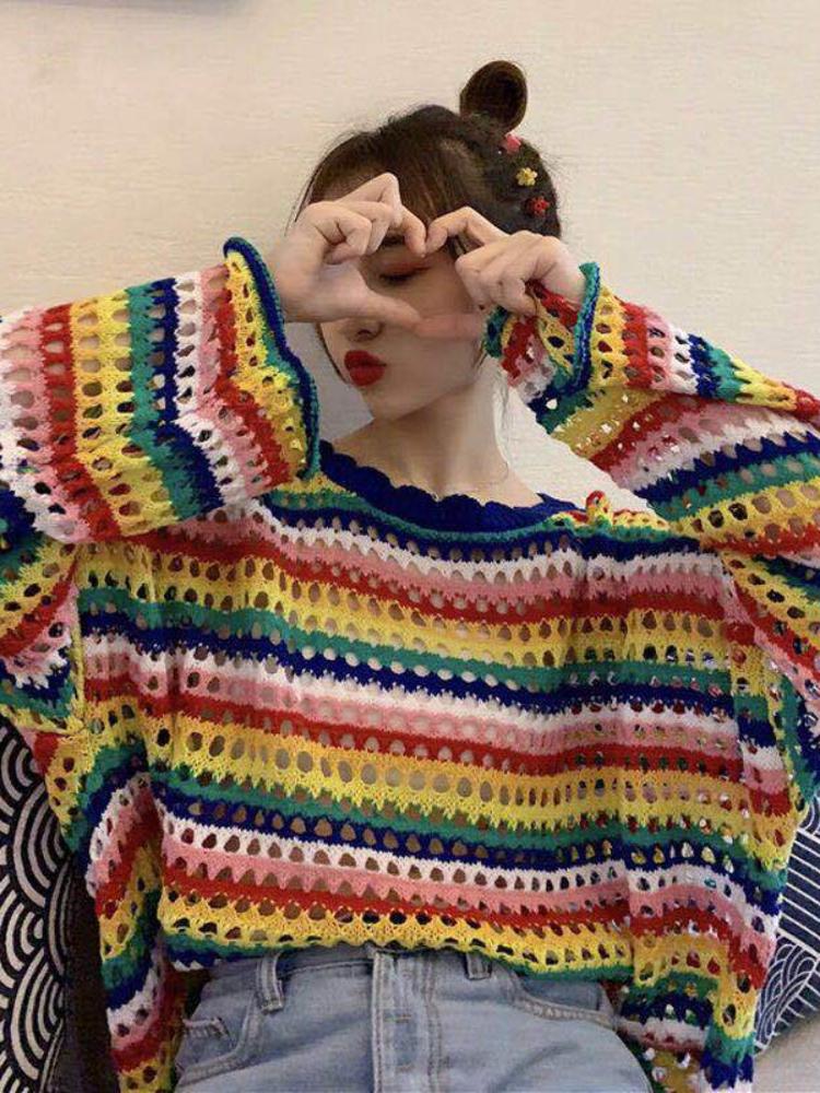 Women' Sweaters Deeptown Korean Fashion Rainbow Stripe Sweater Women Harajuku Kawaii Hollow Out Jumper Sweet Girl Loose Sun-proof Top Stree, Pic
Women' Sweaters Deeptown Korean Fashion Rainbow Stripe Sweater Women Harajuku Kawaii Hollow Out Jumper Sweet Girl Loose Sun-proof Top Stree, Pic