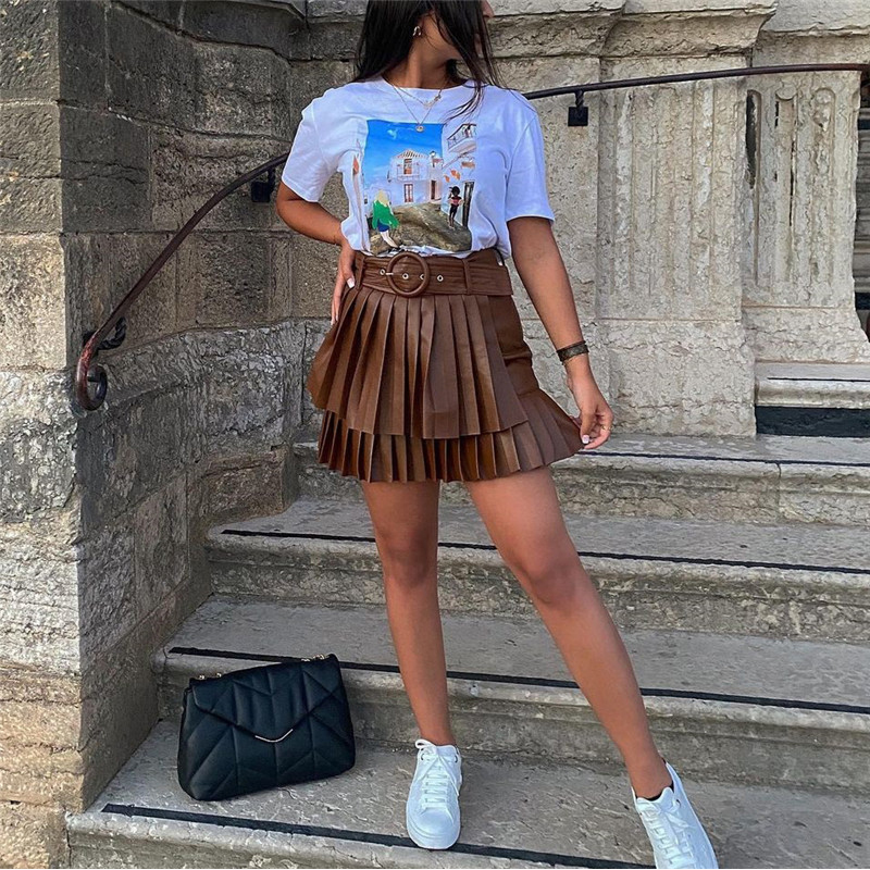 Bown Pu Leather Skirt With Belt Fashion Autumn Sprint Cascading Pleated High Waist Jupe Cuir Femme Women Falda Plisada 220322