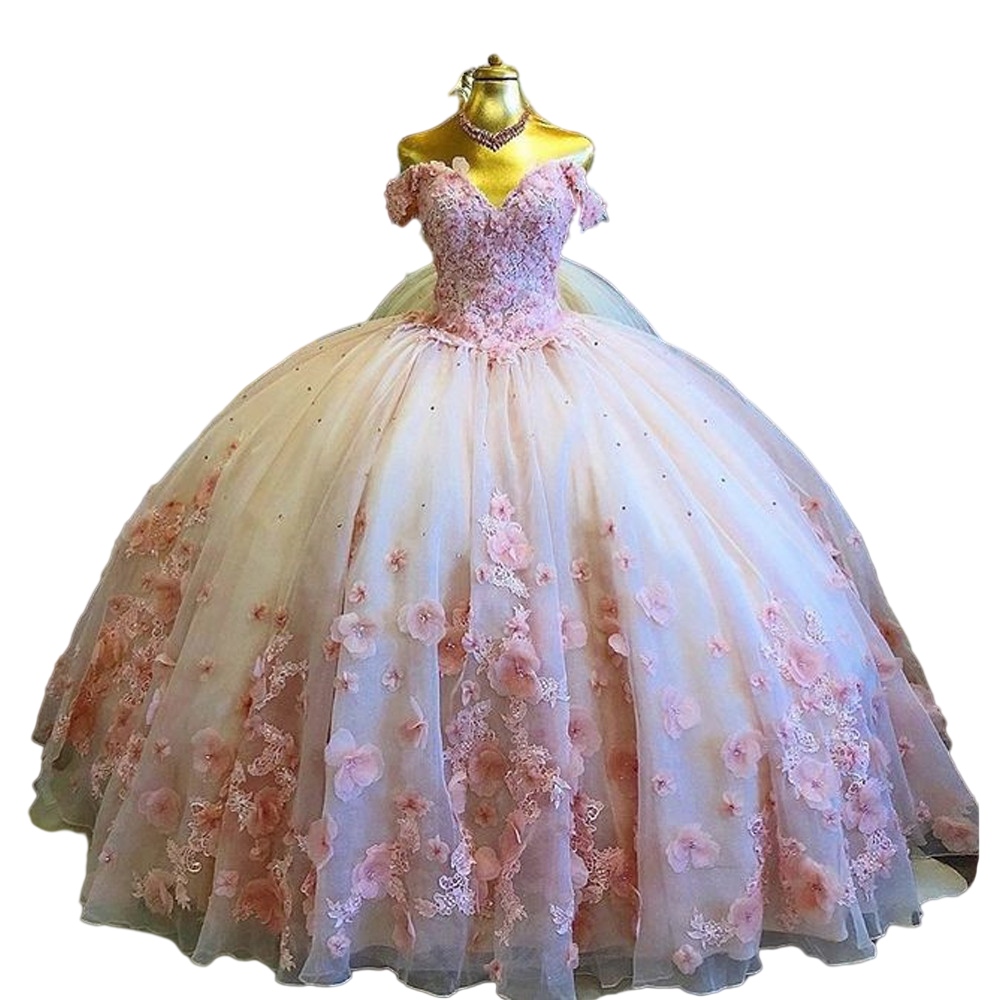 Pink Quinceanera Dresses Ball Gown 3D Flowers Princess Tulle Pageant Dress Elegant V Neck Sweet 16 vestido debutante 15 anos