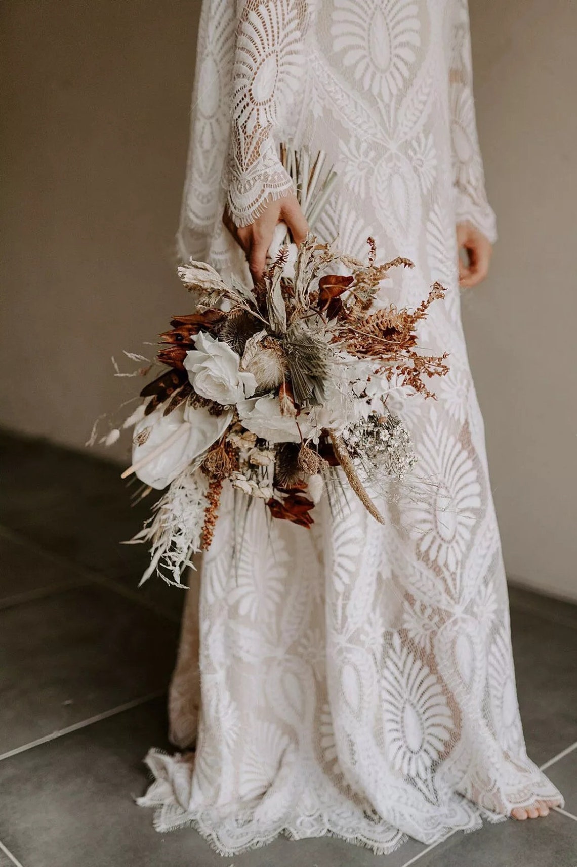 Boho Deep U Neck beach wedding dresses Sweep Train Flare Sleeve Lace open back hippie free people bohemian country bridal gowns