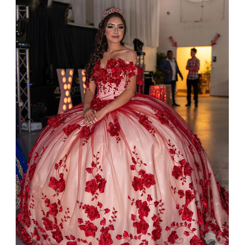 Dark Red princess Quinceanera Dresses 3D Flowers Beads Lace-up corset Applique Sweet 15 16 Dress Party Wear Xv Anos