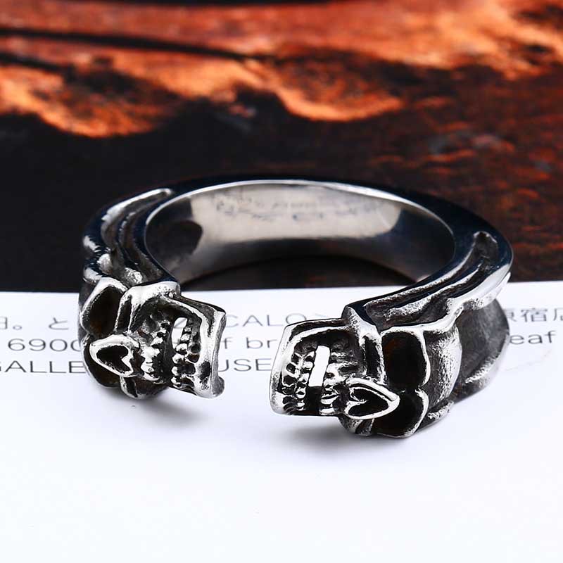 Men Stainless Steel Claw Ring Vintage Open Cool Double Skull Rings Gothic Punk Biker