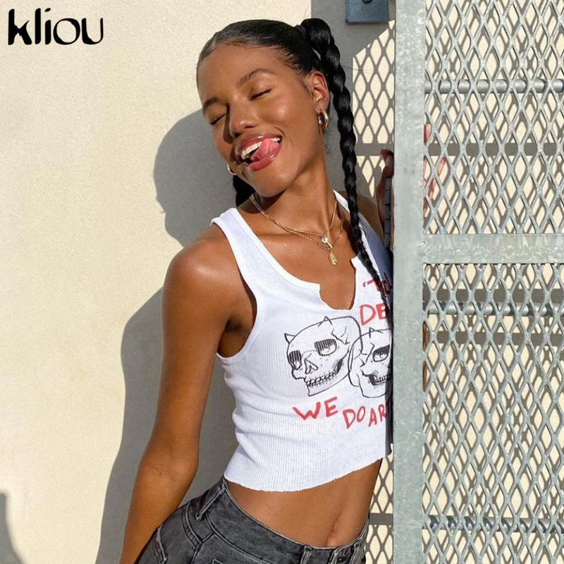 Kliou Aesthetic Graphic Cyber Y2k Streetwear Women Chic Sleeveless Activity Tank Tops Harajuku Skinny Crop Camisole 220316