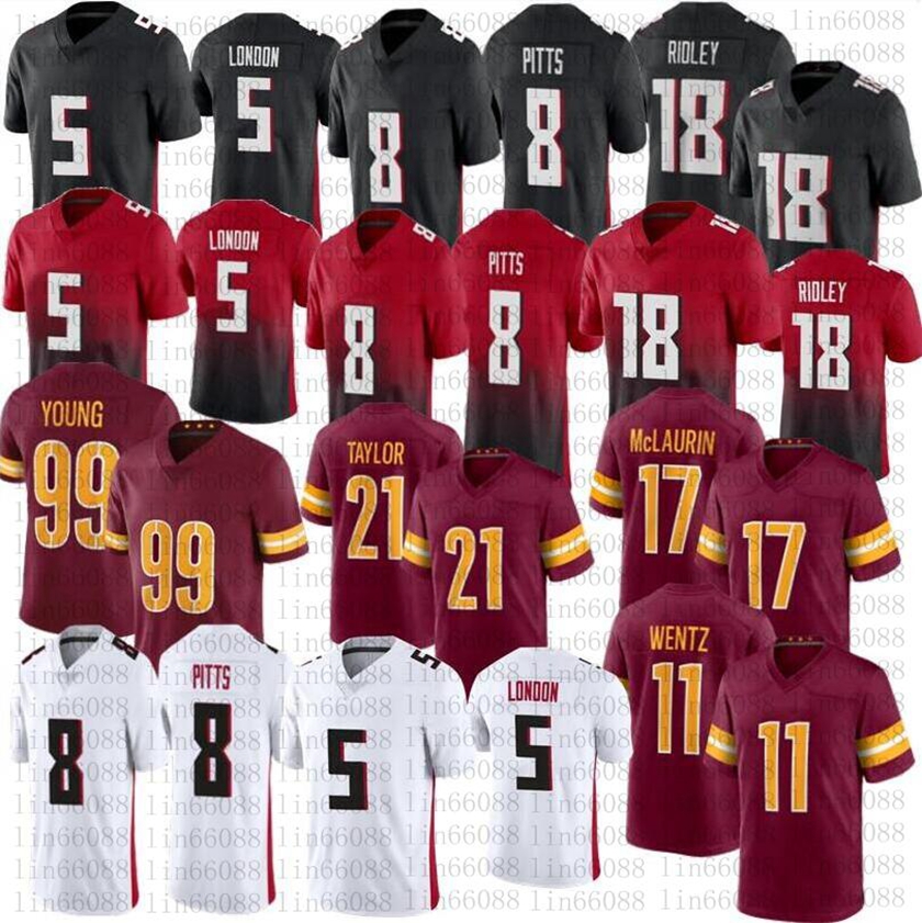 

Men 8 Kyle Pitts football jerseys 5 Drake London 18 Ridley Commanders 99 Chase Young 21 Sean Taylor 17 Terry McLaurin 11 Carson Wentz stitched jersey, As