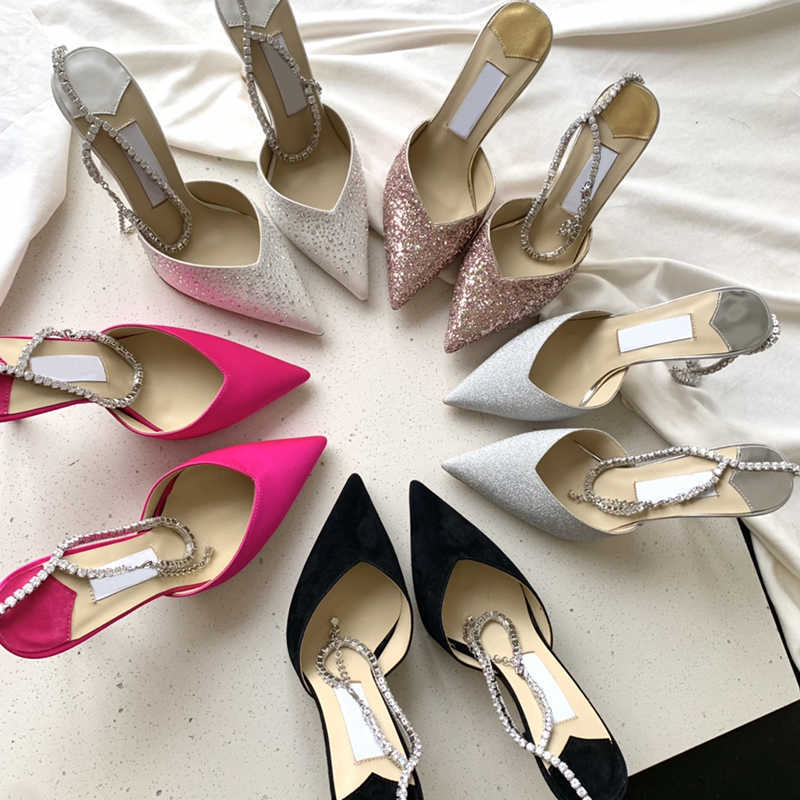 Landon Dress Shoes Luxury Saeda Crystal Strap Pumps Satin Suede Leather High Heels Bridal Wedding Party Womens Sexy Sandals Factory shoes