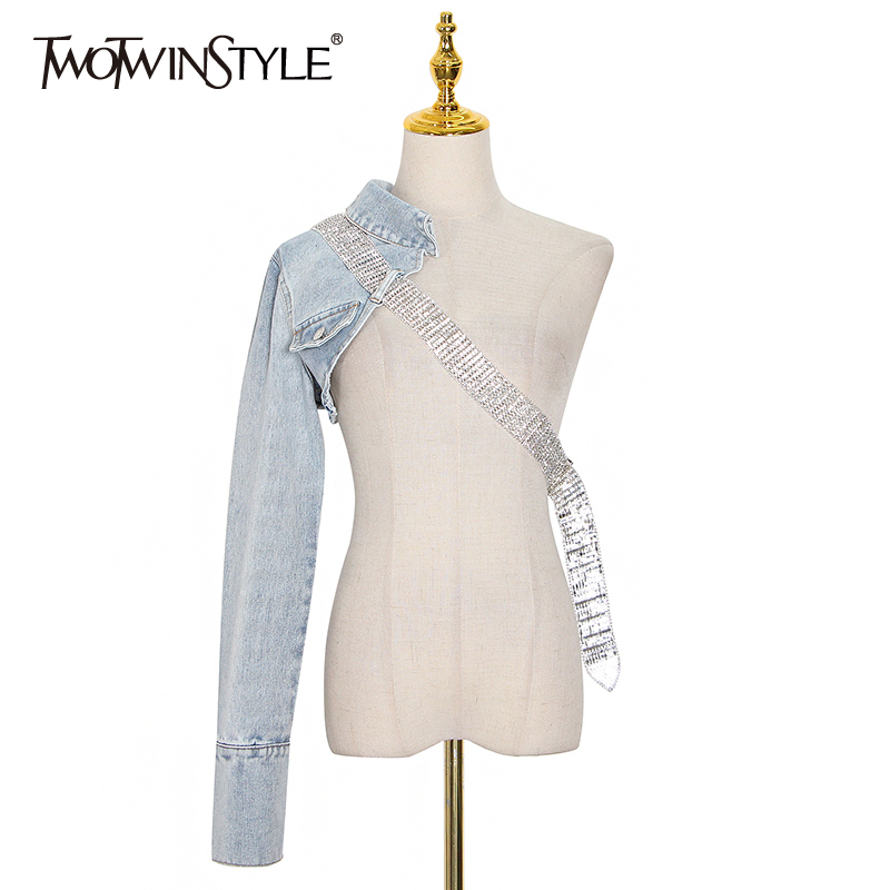 TWOTWINSTYLE Asymmetrical Sexy Denim Women Jacket Lapel Long Sleeve Patchwork Diamond Short Tops Female Summer Fashion 201023