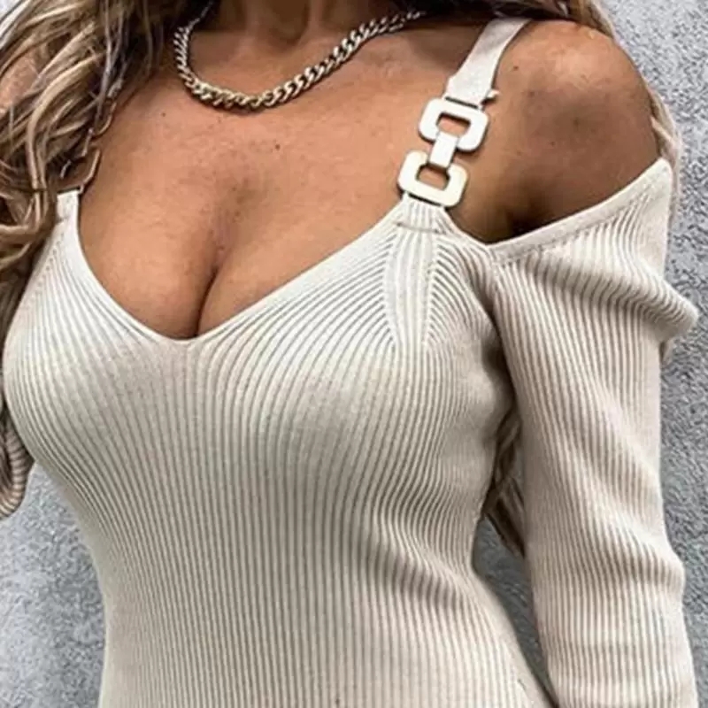 Casual Dresses Women Deep V Neck Long Sleeve Off Shoulder Metal Straps Ribbed Knitted Dress XXXLCasual