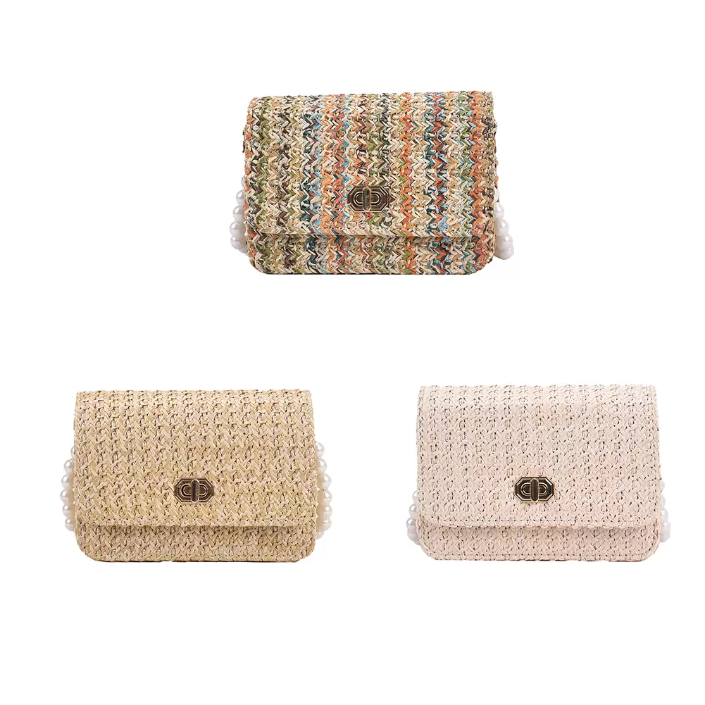 Vintage Ladies Straw Woven Shoulder Bag Women Pearl Chain Flap Messenger Bags Small Beach Handbags Women Summer Bags