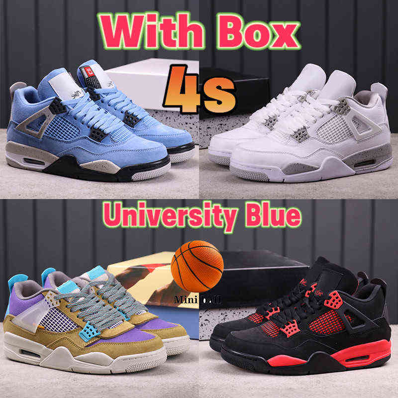 

With Box Jordns 4 4s Mens Basketball Shoes University Blue White Oreo Black Cat Shimmer Red Thunder Desert Moss Bred Sneakers, 35 white x sail