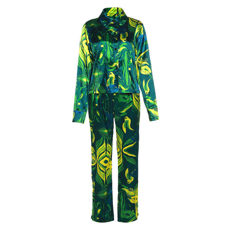 women's 2023 summer new printed single breasted Lapel loose top buttock straight Pants Set
