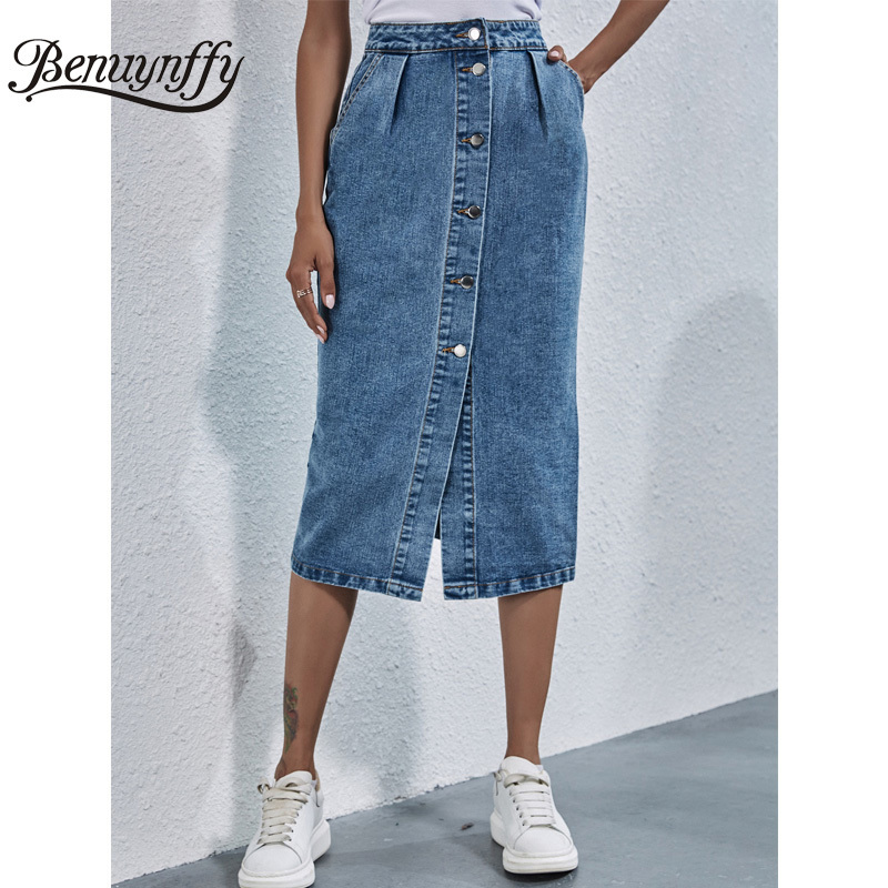 Benuynffy Single Breasted Knee Length Denim Skirt Women Streetwear Casual Pocket High Waist Straight Jeans Skirt 220701