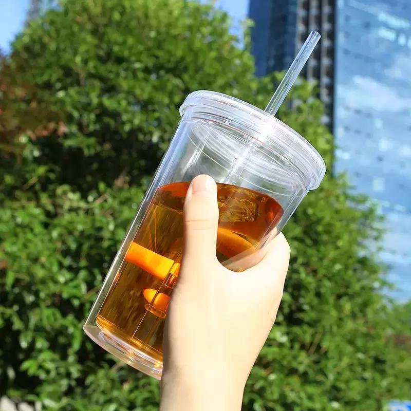 16oz Plastic Tumblers Double Wall Acrylic Clear Drinking Juice Cup With Lid And Straw Coffee Mug DIY Transparent Mugs FY53911970574