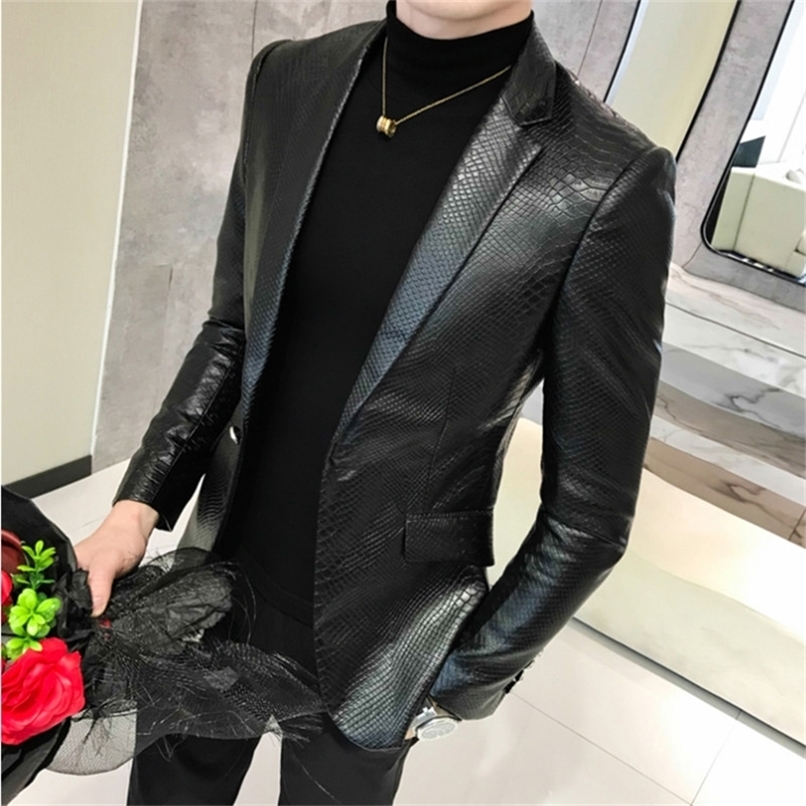 Men Suit Black Slim Fit Blazer Hombre PU Leather Jacket Male One Button Business Casual Prom Korean Suit Coat 220413