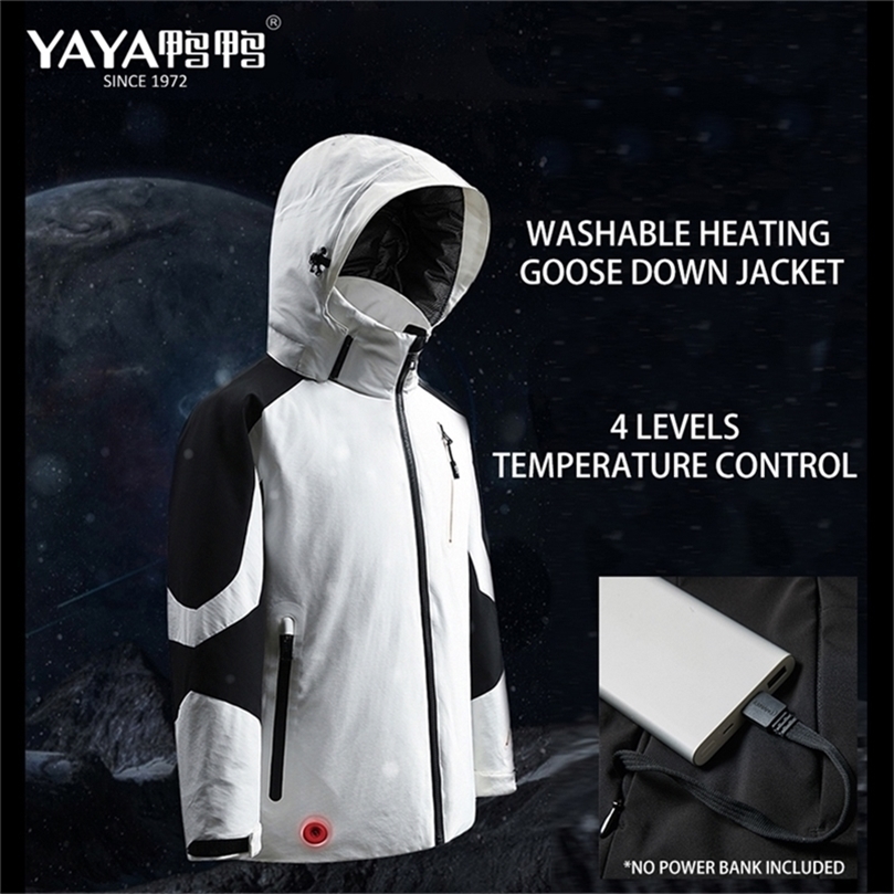 YAYA Goose Down Jacket Men Casual Collar Hooded Down Coats Charging Thermal Insulation Temperature Control Waterproof Down Coat 201127