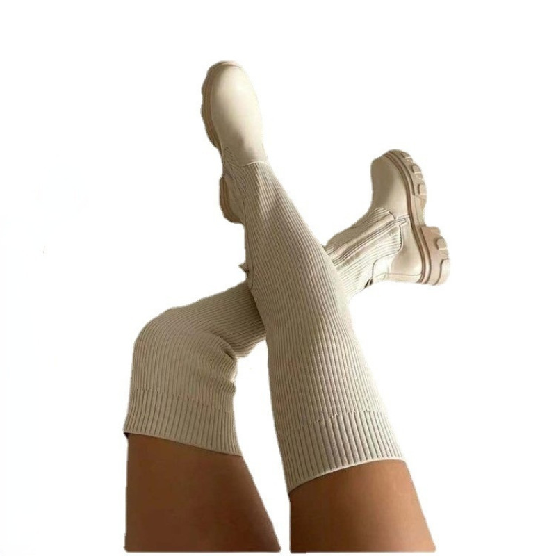 Flats Shoes Thick Sole Boots Autumn Winter Breathable Knitting Upper Women Thigh High Boots Stretch Round Toe Black Boots 220316