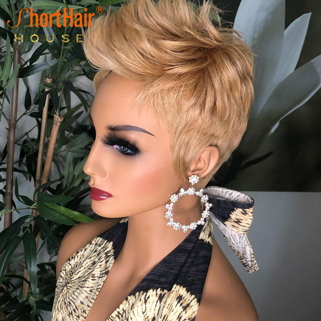 #27 Honey Blonde Pixie Short Cut Bob Wavy Wig 100% Human Hair Wave Wigs For Women Full Machine Made