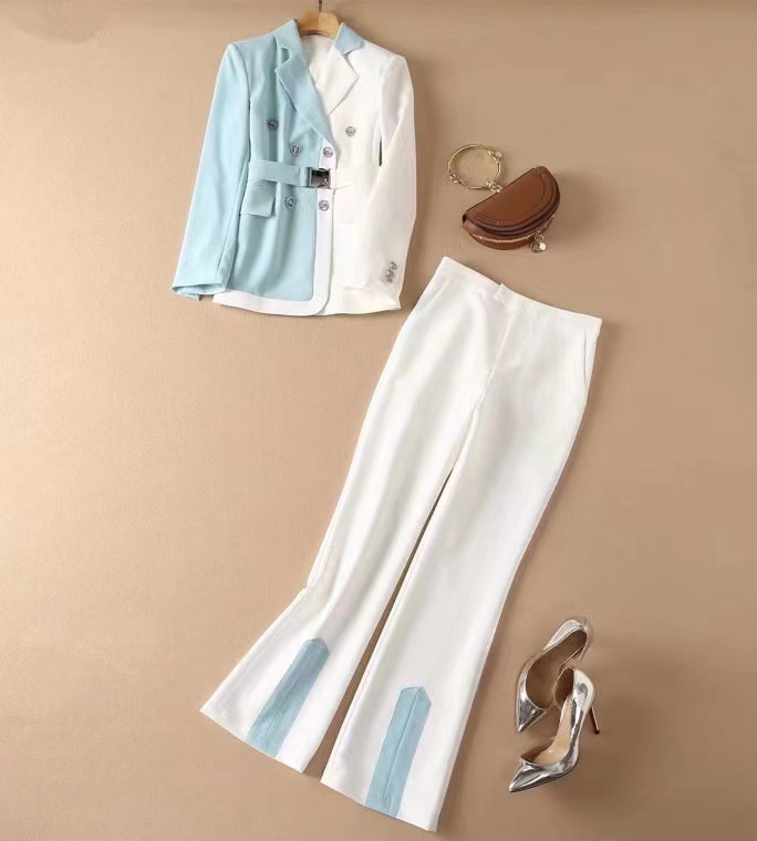 European and American women's clothing winter 2022 new Long-sleeved double-breasted Color matching coat trousers Fashion suits, Blue
European and American women's clothing winter 2022 new Long-sleeved double-breasted Color matching coat trousers Fashion suits, Blue