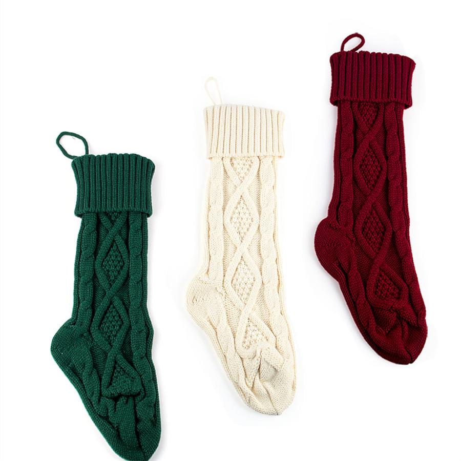 46cm Knitted Christmas Socks Christmas Tree Ornament Solid Color Children's Gift Candy Bag