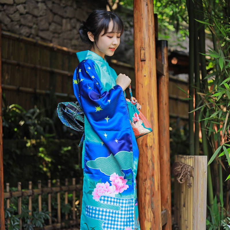 Japanese Ethnic Clothing female elk large vibration sleeve kimono formal dress Tokyo Lady gorgeous Standard kimono Green Blue