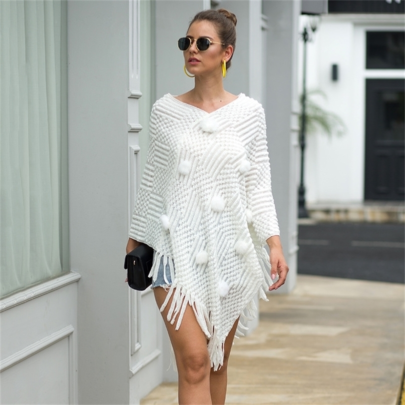 Autumn winter Women sweaters women's clothing fashion tassel cloak with shoulder hair ball solid color sweaters 201221