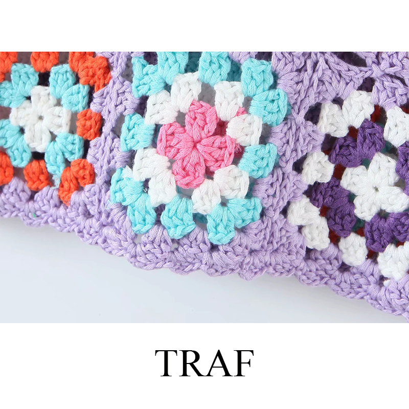TRAF Women's Clothing Crop Top Handmade Hollow Out Crochet Plaid Flower Tanks Women Summer Knitted Multicolor Tops 220325