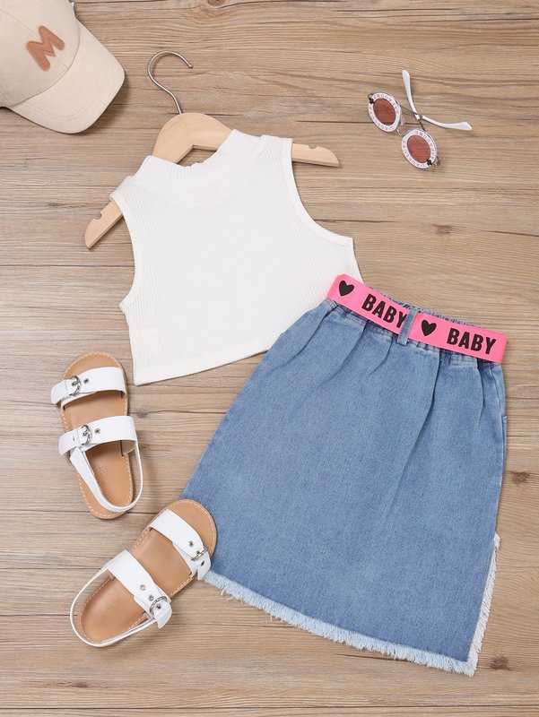 Toddler Girls Solid Tank Top & Ripped Asymmetrical Hem Belted Denim Skirt SHE