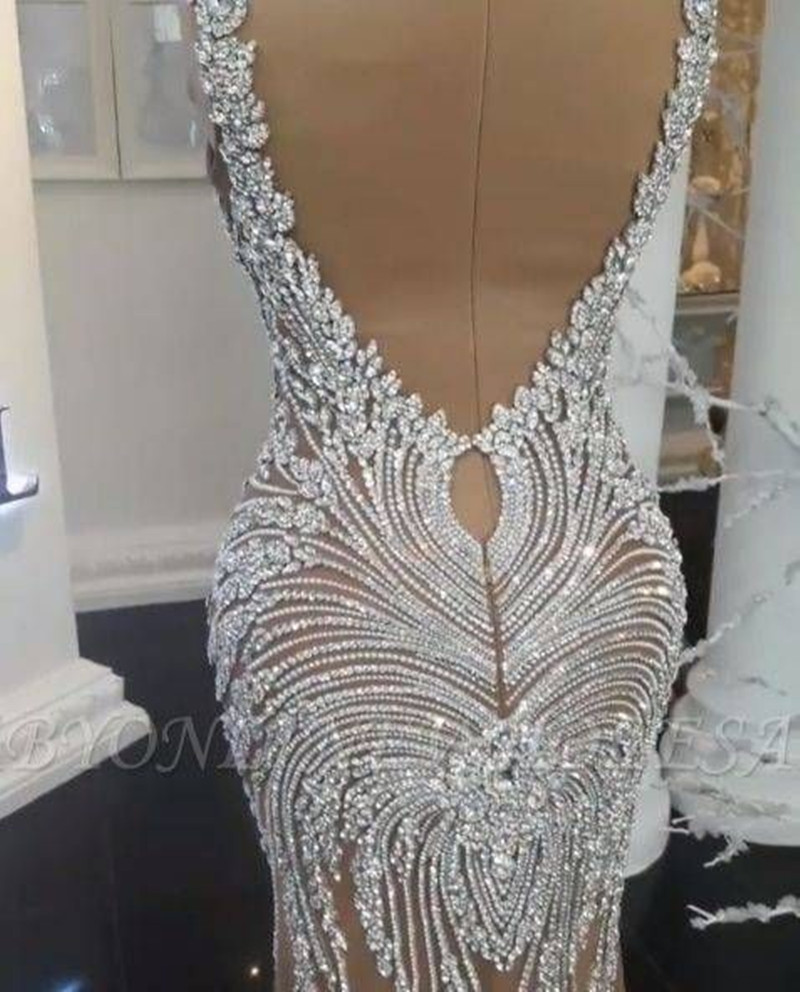 Champagne Mermaid Evening Dresses 2022 Yousef Aljasmi Sparkly Crystal See Through V-neck Prom Gown beaded robe soiree