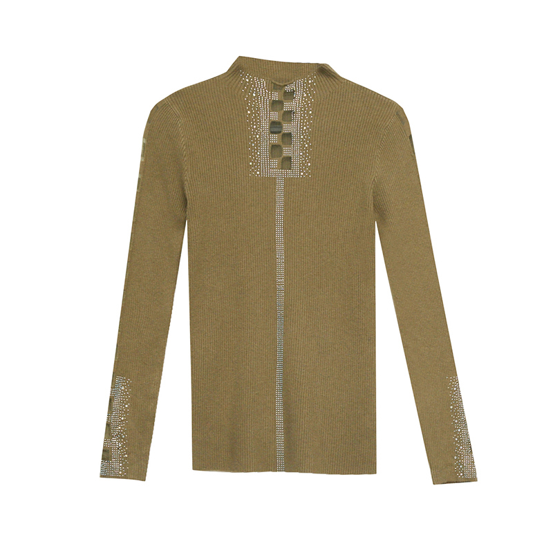 Autumn Winter High Neck Sexy Drilling Knitted Shirt Fashion Casual Long Sleeve Solid Color Women s T 220728