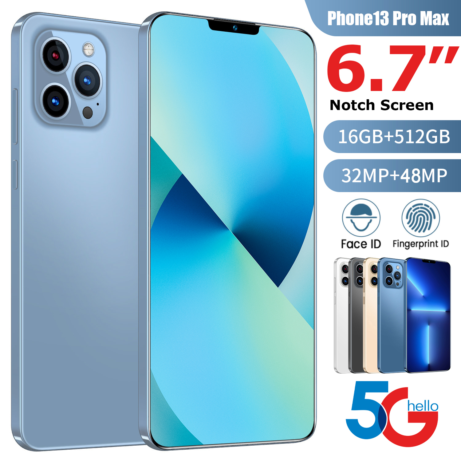 

2022 Hot DealsGlobal Version I13 Pro Max 6000mAh 5G Android 11 16GB 512GB 6.7Inch Unlock Celular Dace Core Finger Phone 5G Cellp