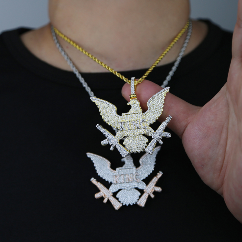 Hip Hop Gold Color Plated Pendant Design Iced Out Micro Paved CZ Bling King Eagle Pendant Necklace for Men Charm Jewelry