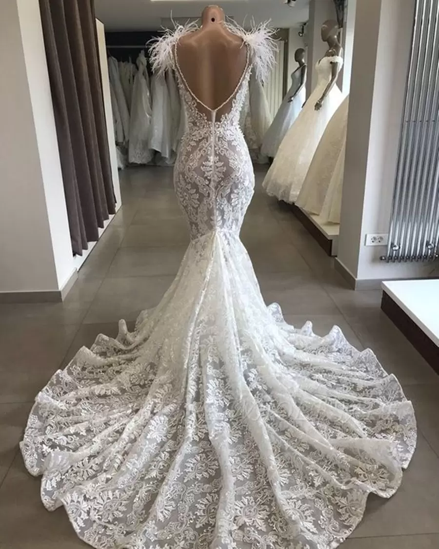 Gorgeous Mermaid Lace Wedding Dresses Bridal Gown With Feather Pearls Beaded Sweep Train Custom Made Plus Size Sexy Backless Vestidos De Novia