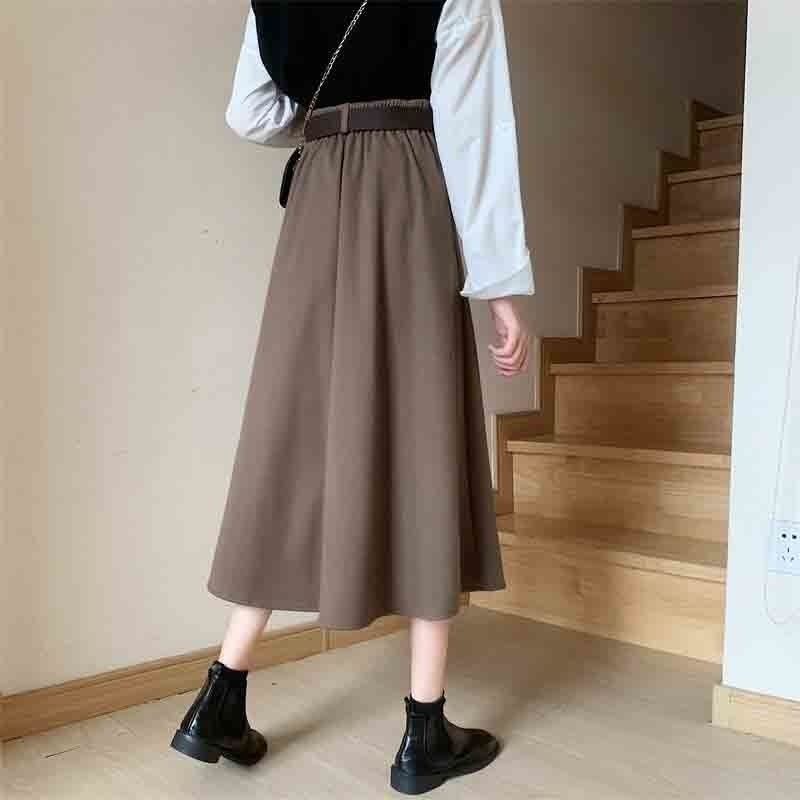 Solid Skirts Women Midcalf High Waist Friends Korean Style Elegant College Spring Autumn Allmatch Jupe Mujer Faldas Female Ins 220701