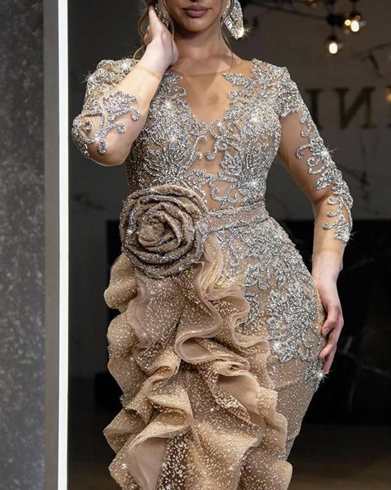 Plus Size Gold Sequins Mermaid Prom Dresses Long Sleeves Evening Gowns 2022 Off Shoulder Women Cheap High Split Formal Dress