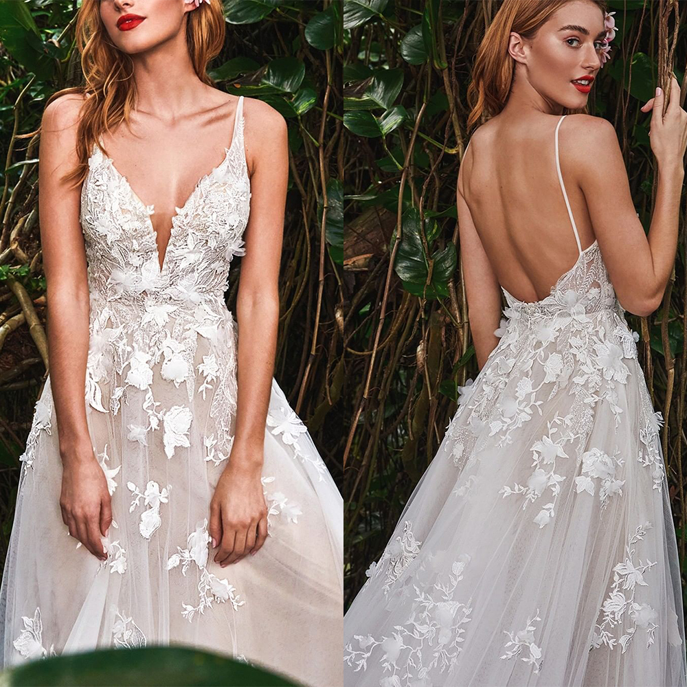 Sexy A-line Wedding Dresses Deep V Neck Long Lace Spaghetti Straps Sleeveless Chiffon Lace Ruffles Appliques Backless Sequins Floor Length Bohemian We