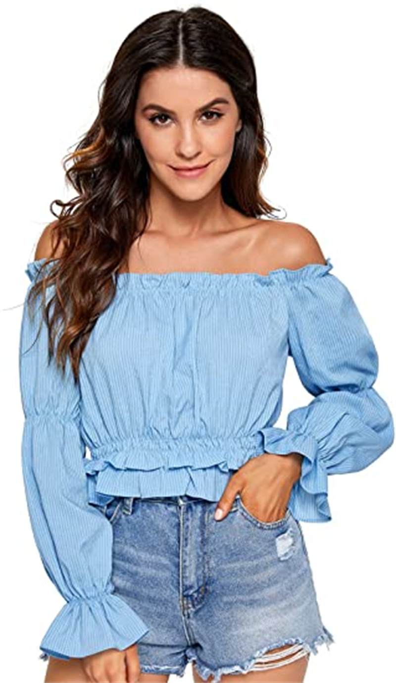Women's Tops & Tees sexy striped off-the-shoulder shirt with long sleeves and ruffles, Photo color
Women's Tops & Tees sexy striped off-the-shoulder shirt with long sleeves and ruffles, Photo color