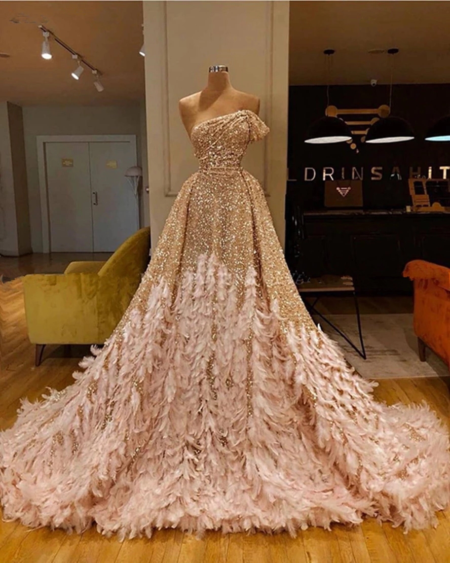 2022 Glitter Gold Sequin Mermaid Feather African Prom Dresses Long Sleeve One Shoulder Evening Gown Plus Size Graduation Formal Dress
